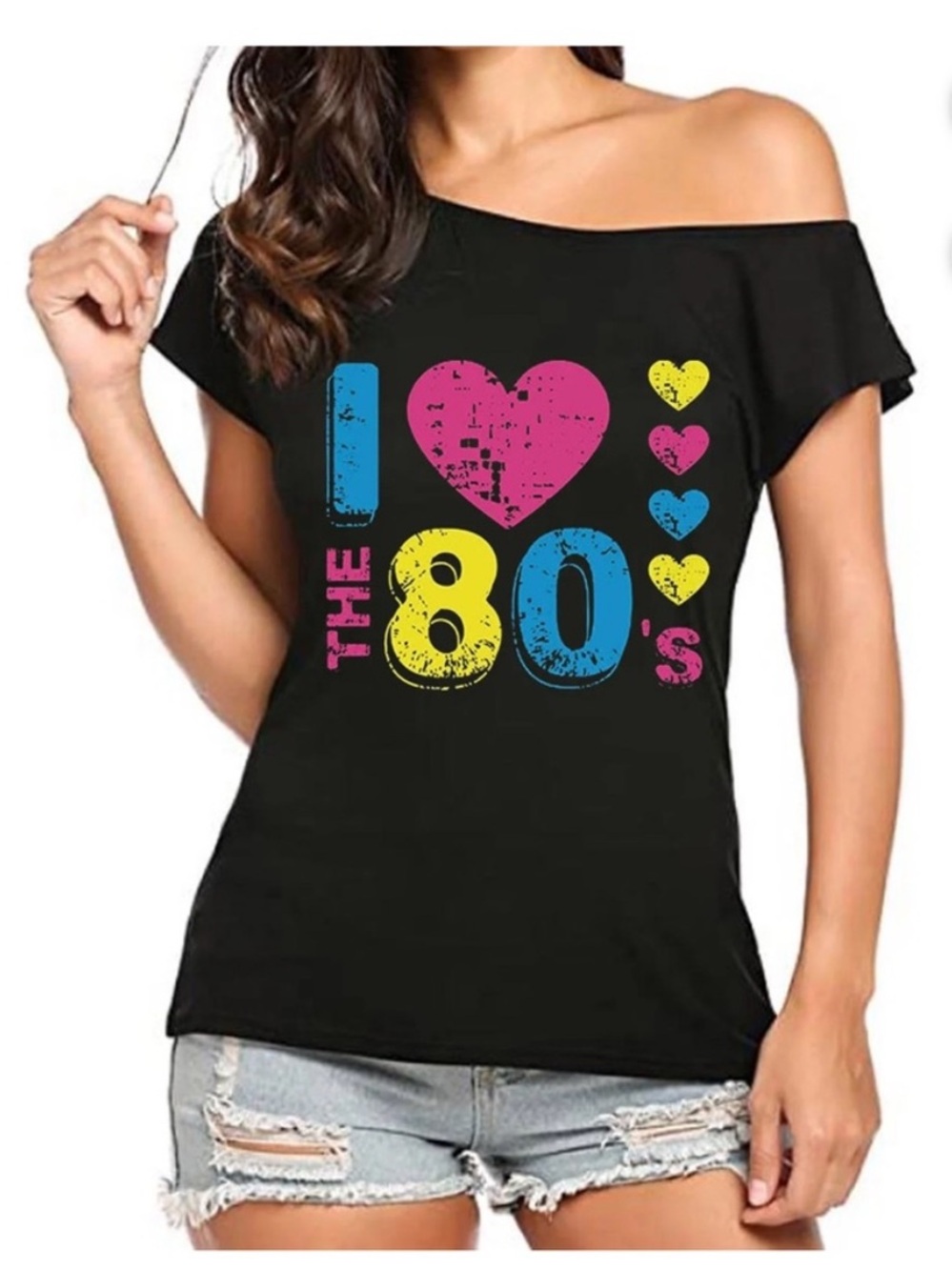 Retro 'I Love The 80's' Off-Shoulder Black Women's Tee